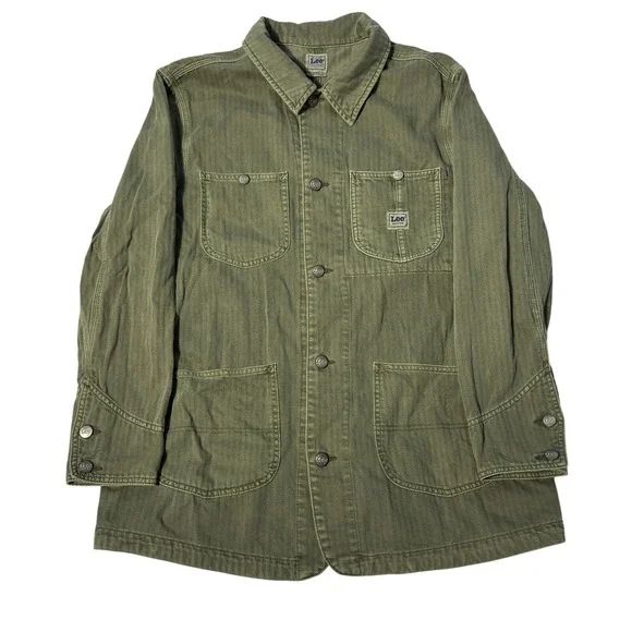 Vintage Lee Military Chore Jacket Mens Large Green Railroad Stripe Workwear - Picture 1 of 9
